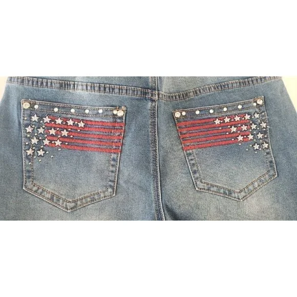 NEW EARL JEANS USA FLAG EMBROIDERED EMBELLISHED POCKET SHORTS SZ 10 - Picture 5 of 7